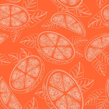 Seamless pattern with orange fruits and leaves. Hand Drawn Monochrome Orange Texture, Decorative Leaves, Coloring Book . Vector illustration.のイラスト素材