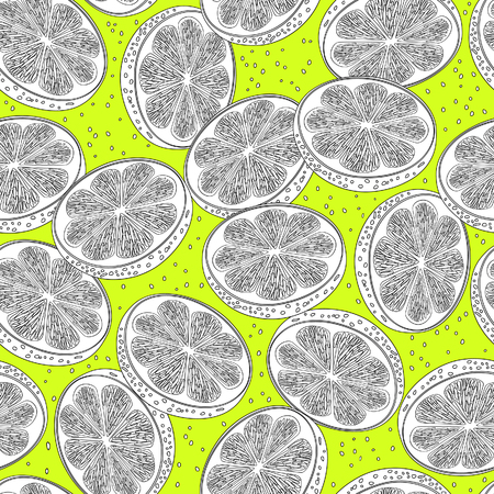 Cut lemons decorative seamless retro background pattern with contour drawing. Ice cold lemonade. Textile and wallpaper fruit background. Vector illustrationのイラスト素材