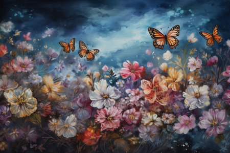 AI generated Beautiful floral background with butterfly, watercolor painting on canvas.の素材