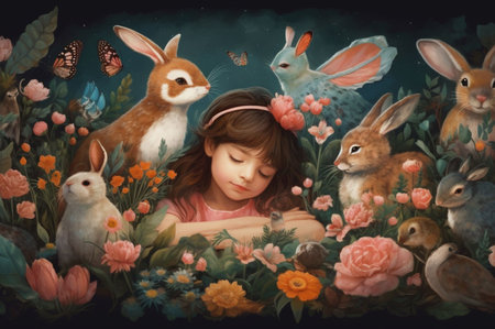 AI-generated imagination about a Little girl reading a book, surrounded by many cute cartoon rabbits.の素材