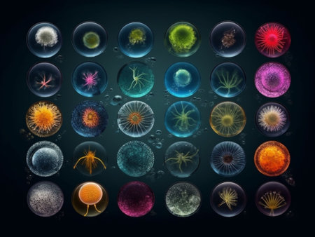 AI-generated 3d illustration of Virus cells and bacteria on dark background.の素材