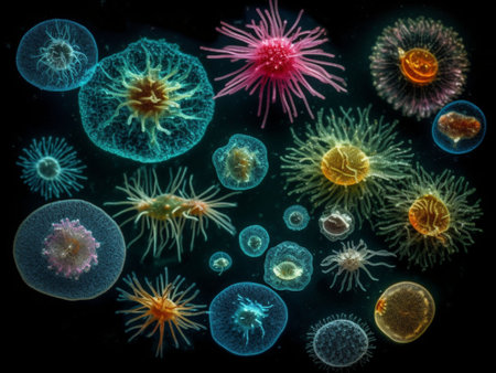 AI-generated Microscopic view of microorganisms, 3D illustration. Microscopic view of microorganisms found in waterの素材