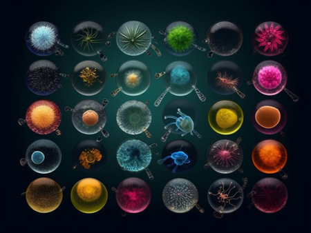 AI-generated 3d illustration of Virus cells and bacteria on dark background.の素材