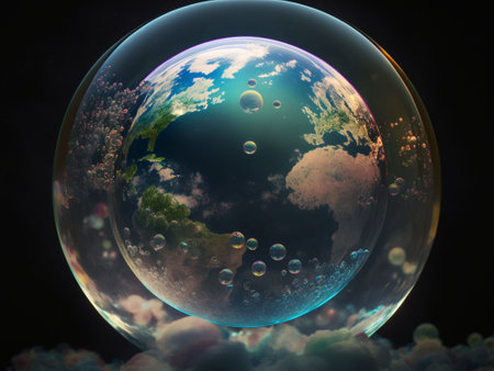 planet Earth enclosed in bubble. 3D rendering AI generatedの素材