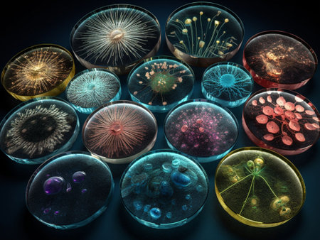 AI-generated Microscopic view of bacteria in petri dishes. 3D renderingの素材
