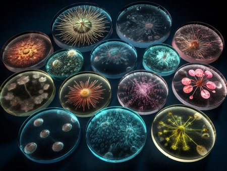 AI-generated 3d illustration of bacterial colonies in petri dish with microorganismsの素材