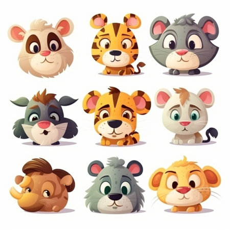 AI-generated Cute cartoon animal heads set. Funny wild animals faces. Vector illustrationの素材
