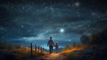 AI-generated Father and son walking on the path to the starry sky. Father's loveの素材