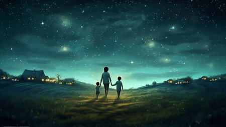AI-generated Little boy and girl walking in the field at night. Mother's loveの素材