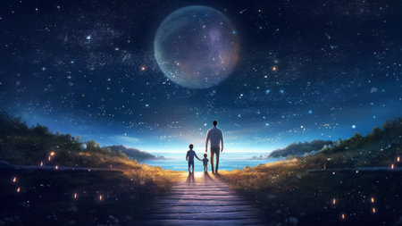 AI-generated Dreamy image of father and son walking towards the starry sky, Father's loveの素材