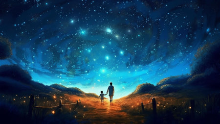 AI-generated image of a father and son walking towards the starry skyの素材