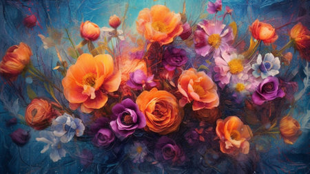 AI-generated Original oil painting of colorful flowers. Modern Impressionism style.の素材