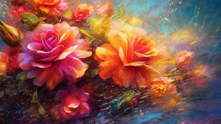 AI-generated Oil painting of flowers on canvas. Colorful background for your designの素材
