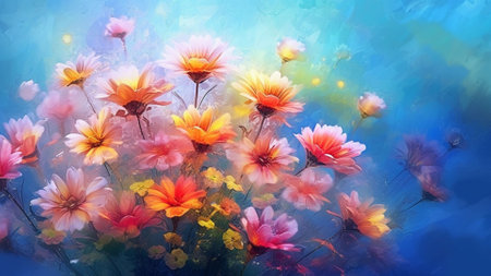AI- generated Colorful flowers painting on canvas. Digital art painting. Spring background. Air brush paintの素材