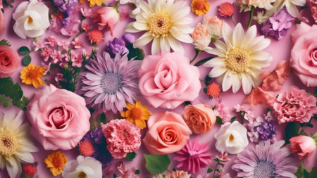 AI- generated Flowers background. Beautiful colorful flowers on pink background. Floral pattern.の素材