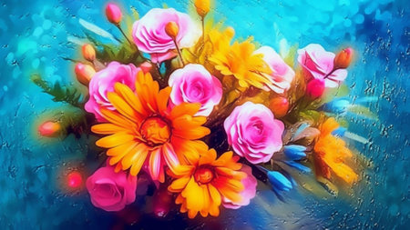 AI- generated Colorful bouquet of flowers on blue background. Digital painting.の素材