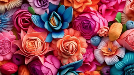 AI- generated colorful paper flowers background. Colorful origami flowers background.の素材