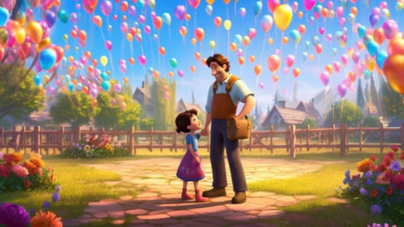 Ai-generated 3d illustration Father and daughter with balloons in the park. Fathers dayの素材