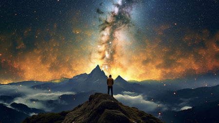 Ai-generated Man standing on top of the mountain and watching the Milky Way.の素材