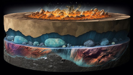 Ai-generated 3D illustration of a volcanic eruption with lava and lava on a black background with different types of earth crusts.の素材