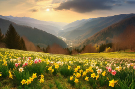 AI-generated Daffodils in the meadow with mountains in the backgroundの素材