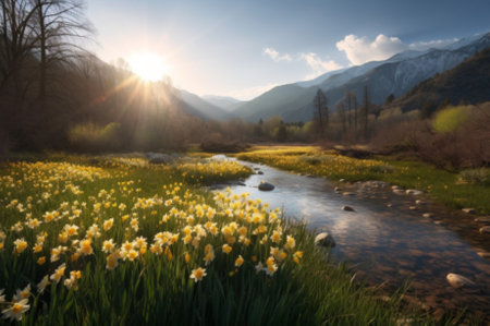 AI-generated Sunset over daffodils in the spring in the mountains HD wallpaperの素材
