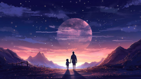 AI-Generated Fantasy landscape with a man and a child walking in the moonlight. family bonding, father and son love.の素材