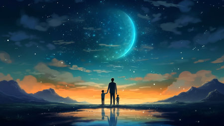 AI-Generated Illustration of a family walking towards the moon in the starry night. fathers love and family time and bonding.の素材
