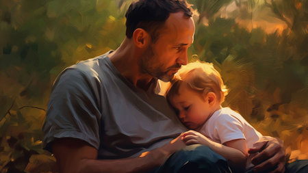 AI-Generated Father and son sitting on the grass in the park at sunset.の素材