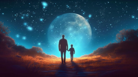 AI-Generated illustration of Father and son walking in the night sky. Fathers day.の素材