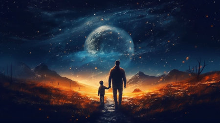 AI-Generated illustration of Father and son walking towards the full moon in a fantasy landscape, fathers day.の素材