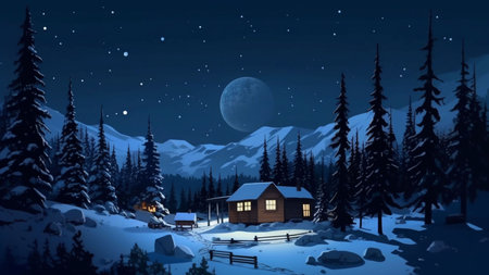 Ai-generated vector illustration of Winter night landscape with wooden house in the mountains. alpine scene in motion with cabin in forest at night.の素材