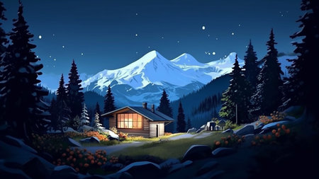 AI-generated  alpine Mountain landscape at night with wooden house and snow-capped peaks.の素材