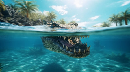 Ai-generated Crocodile with open mouth in the sea.の素材