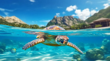Ai-generated Sea Turtle swimming underwater in the ocean.の素材