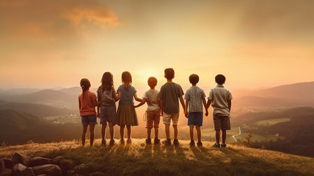 Ai-generated Group of children standing on top of a hill and looking at sunsetの素材
