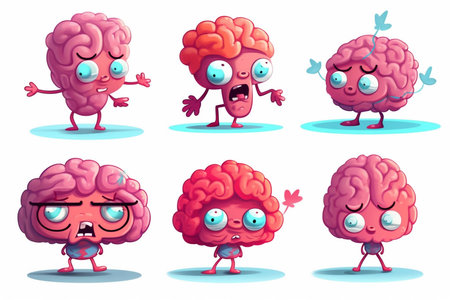 illustration of brain in stressed and frustration.  Cartoon human brain character with different emotions set. Vector illustration. Ai-generatedの素材