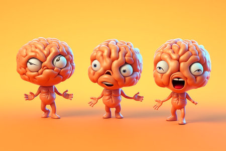 illustration of brain in stressed and frustration.  Brain cartoon character with emotions on orange background. 3D illustration. Ai-generatedの素材