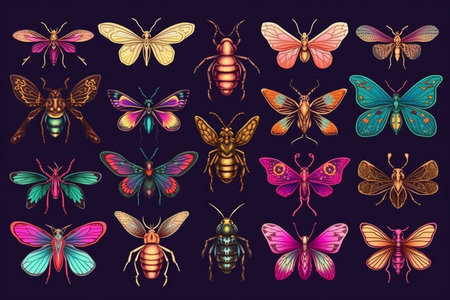 Ai-generated Set of colorful exotic insects isolated on dark background. Vector  illustration.の素材