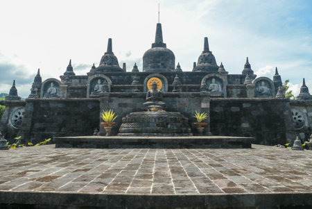 Bali budhist temple Brahma Vihara-Arama Banjar panorama close to Lovina, Indonesia, small version of Borobudur temple on Javaの写真素材