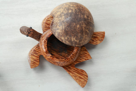 Turtle shaped ashtray made of clay - isolated on white. Ashtray turtle made of coconut palm wood