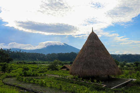 Wooden gazebo under reed with mountain landscapeの写真素材
