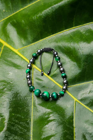 image of bracelet on the green leaf backgroundの写真素材