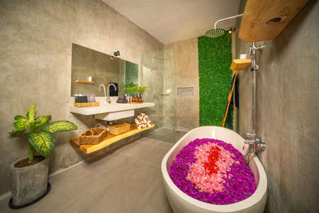 Modern design of bathroom with free standing oval bathtub, bidet, wooden cabinet with utensils and...