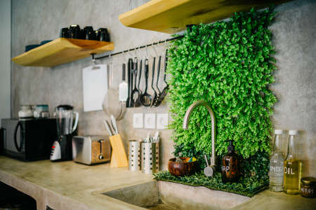 Modern white kitchen clean interior design deco architecture. kitchen interior in a new luxury houseの写真素材