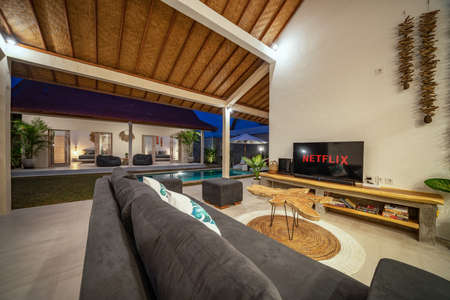 Canggu, Bali, Indonesia, 25 August 2019. Modern tropical villa, interior, beautiful living room....