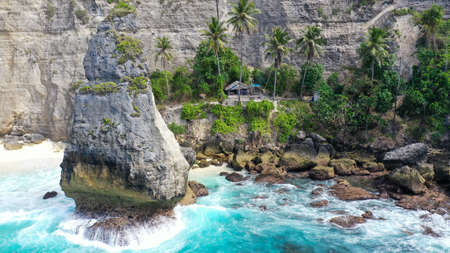 Beautiful exotic beach view from above, Diamond beach, aerial view Nusa Penida, Bali, Indonesiaの写真素材