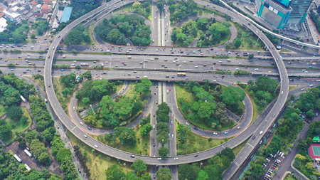 Aerial view of new Semanggi road junction with skyscraper in the central businessの写真素材
