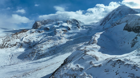 View on Border Glacier Grenz Gletscher and the Monte Rosa mountain massif from a hiking trail to the...