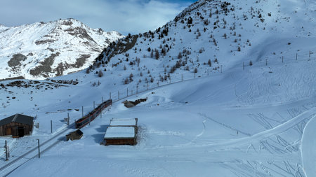 Aerial Gorngerat bahn railway and Zermatt ski area view, Valais region in Switzerland Alpsの写真素材